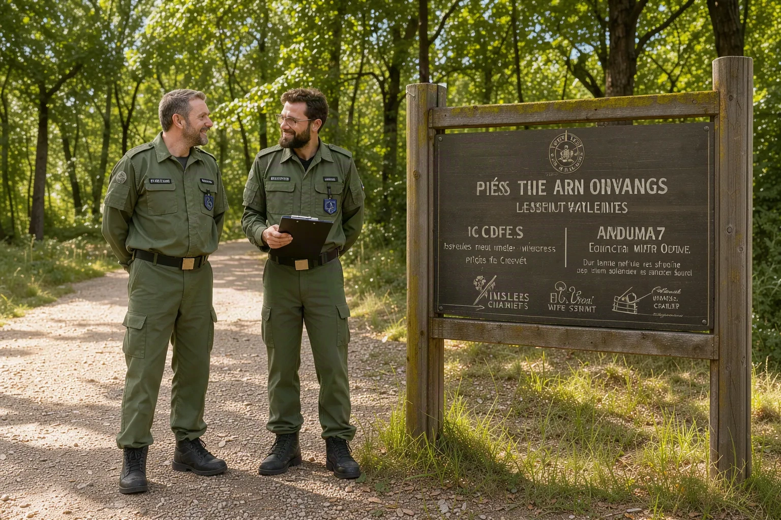 Deux gardes de réserve naturelle à l'entrée du site