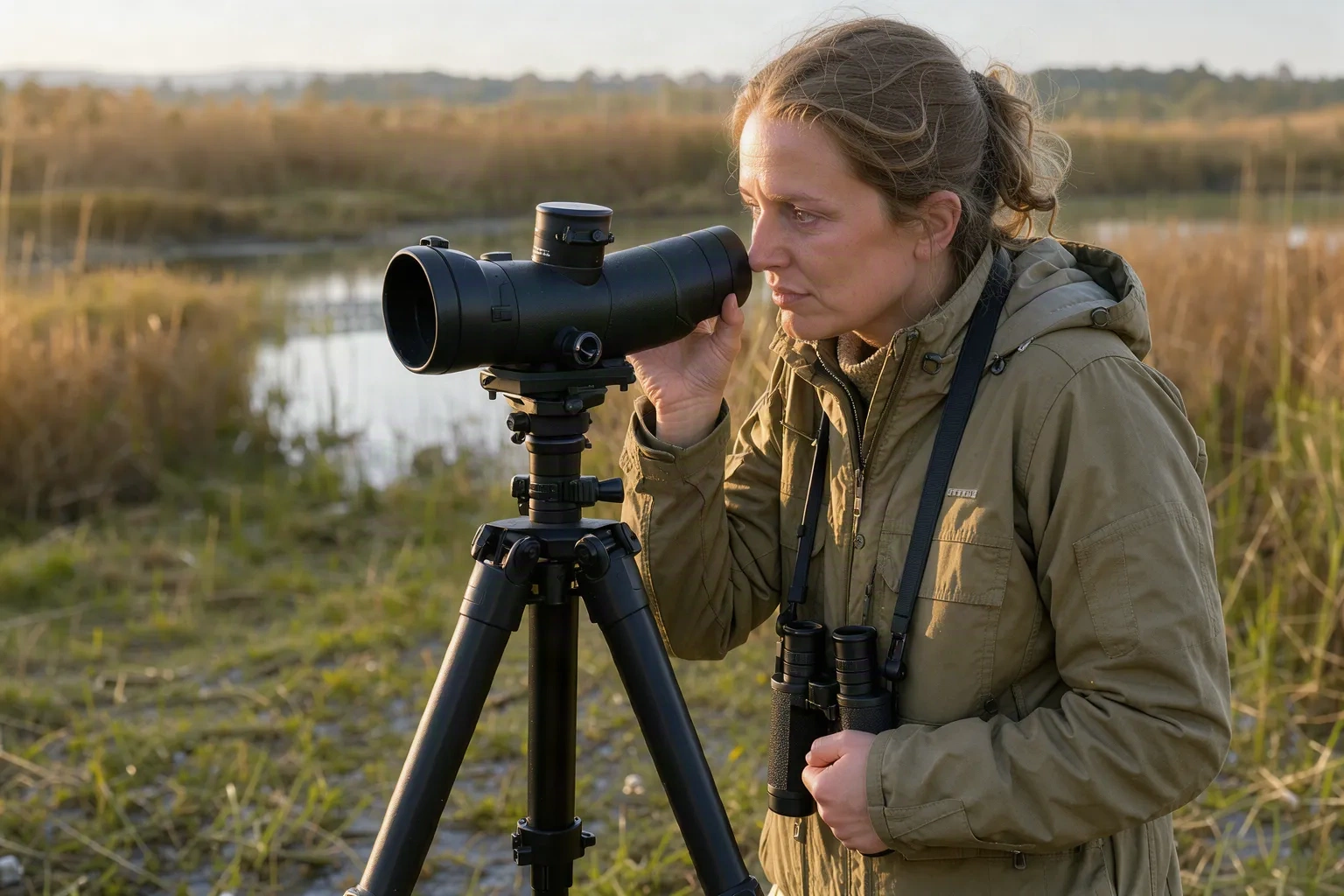 Naturaliste observant les oiseaux avec une longue-vue dans une prairie humide