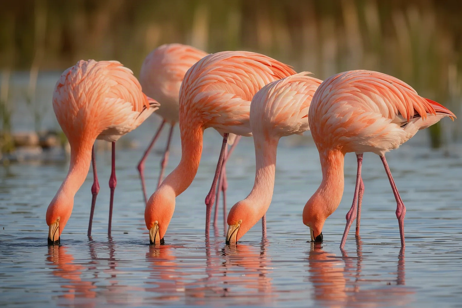 Groupe de flamants roses dans une lagune peu profonde