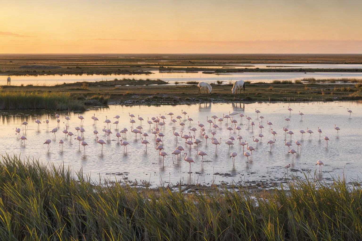 Flamants roses dans les lagunes de Camargue