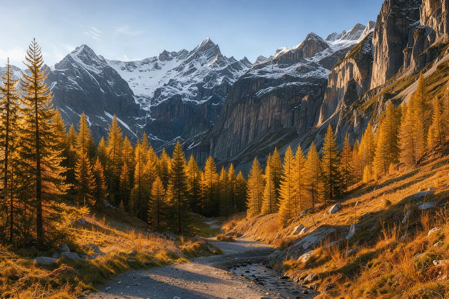 Vallée alpine du Mercantour avec forêt de mélèzes