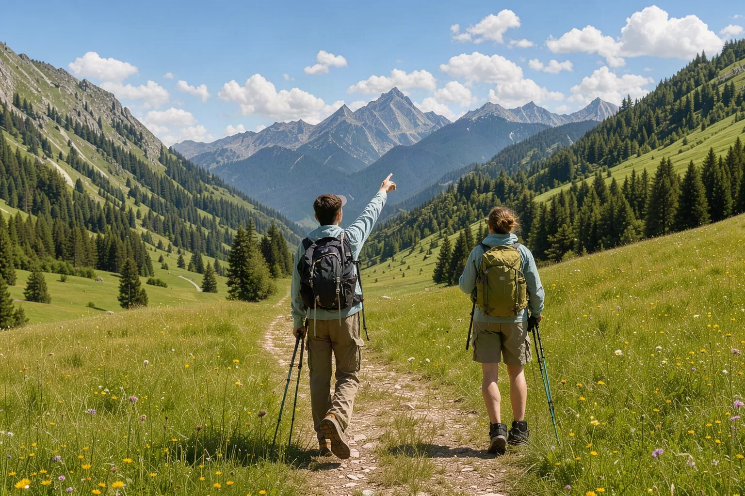 Randonneurs sur un sentier balisé dans une vallée de montagne